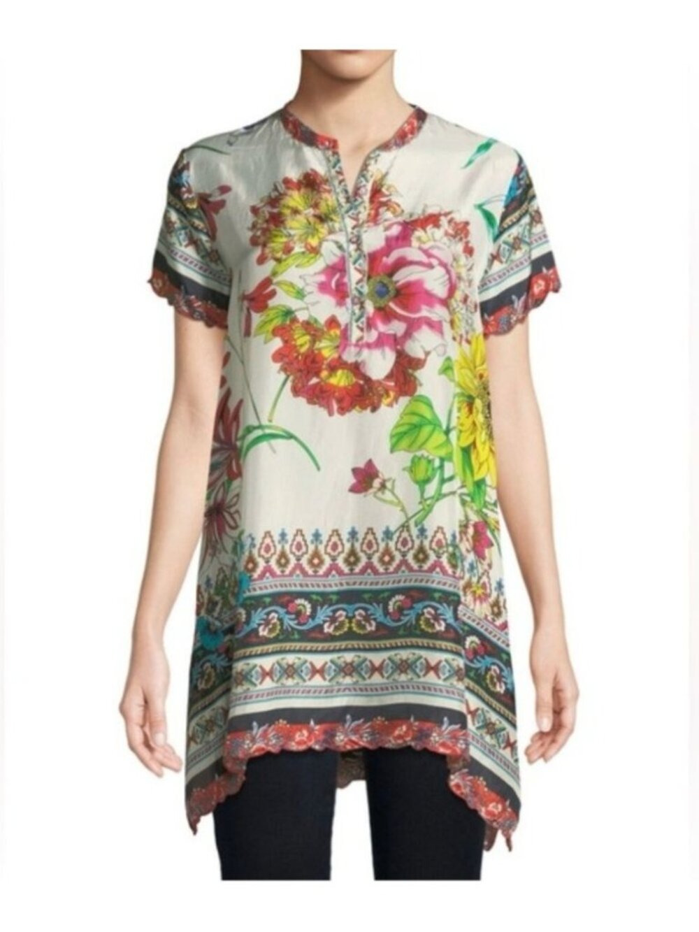 Johnny Was‎ Victoriana Floral Print XS Silk Georgette Tunic Top EUC Boho Artsy